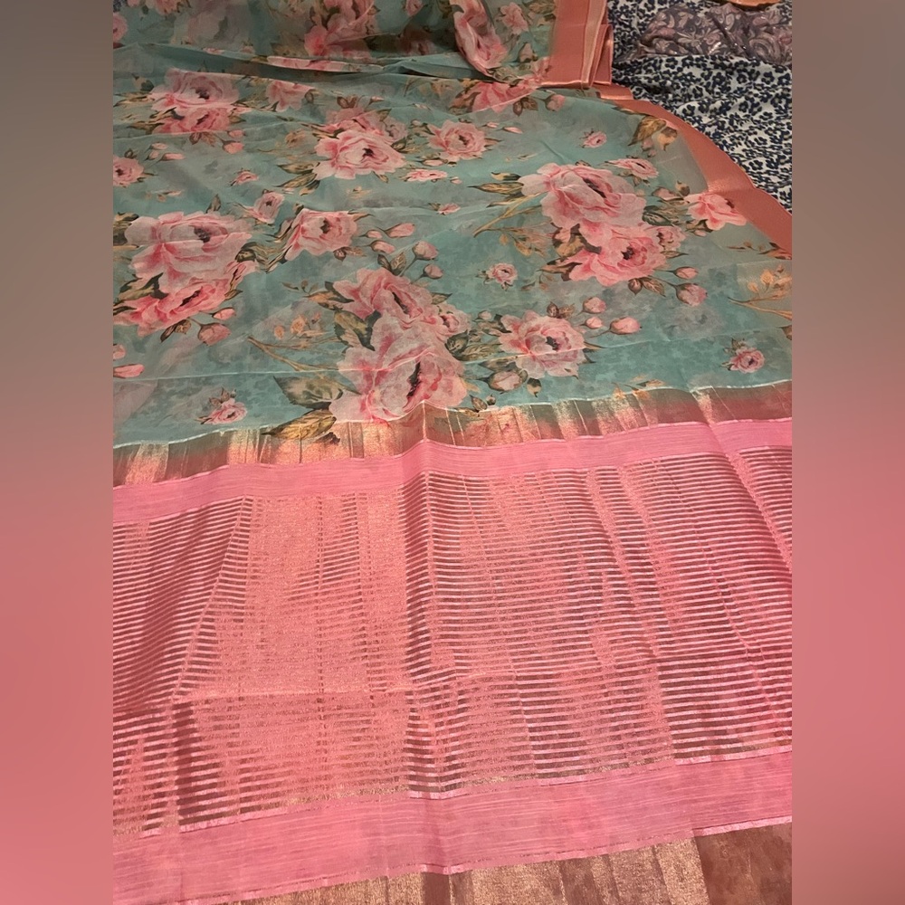 Floral Pink and light blue Organza saree